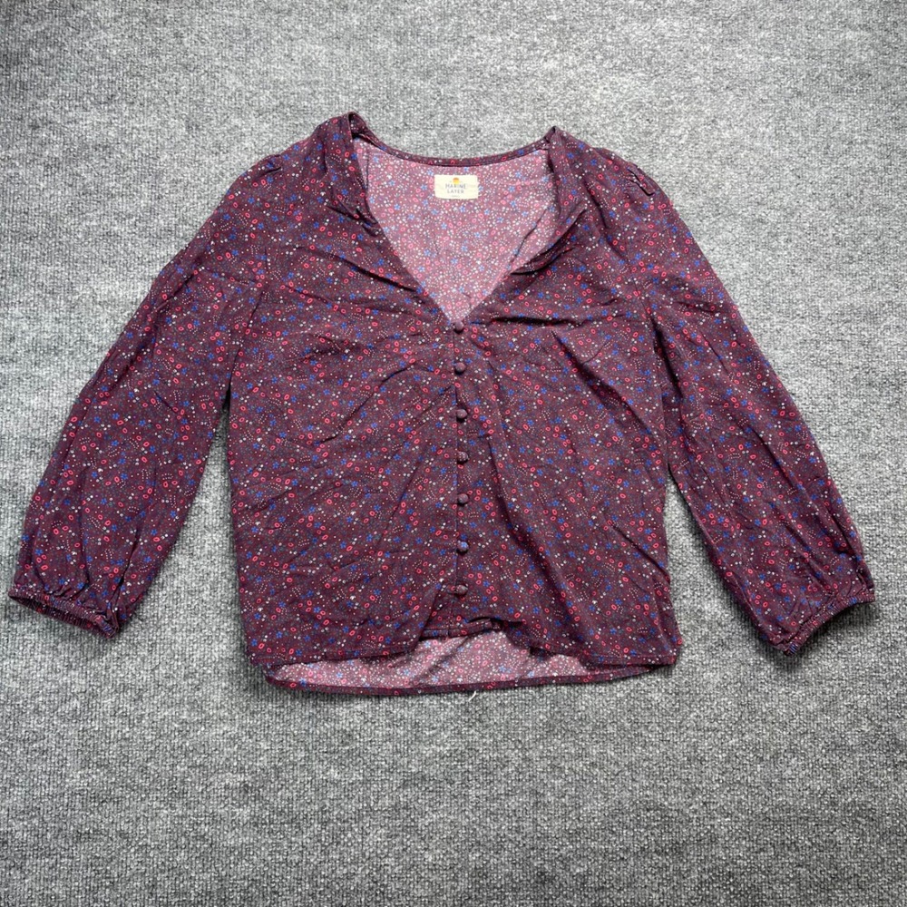 Marine Layer Stacy Blouse Womens Small Burgundy Ditsy Floral V-Neck Button Front